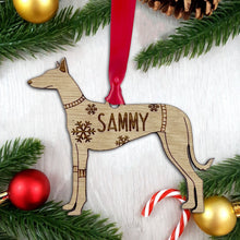 Load image into Gallery viewer, Personalised Podenco Bauble Jumper Dog Bauble - Oak Veneer Wood - Add any name