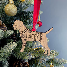 Load image into Gallery viewer, Personalised Border Terrier Bauble Jumper Dog Bauble - Oak Veneer Wood - Add any name