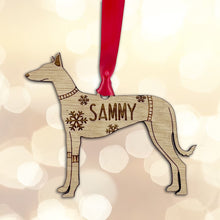 Load image into Gallery viewer, Personalised Podenco Bauble Jumper Dog Bauble - Oak Veneer Wood - Add any name