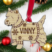 Load image into Gallery viewer, Personalised Westie Bauble Jumper Dog Bauble - Oak Veneer Wood - Add any name