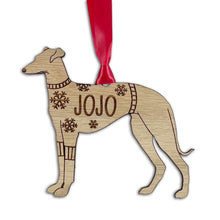 Load image into Gallery viewer, Personalised Greyhound Bauble Jumper Dog Bauble - Oak Veneer Wood - Add any name