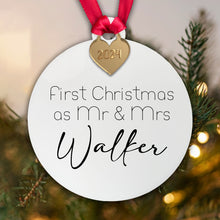 Load image into Gallery viewer, Personalised First Christmas as Mr & Mrs - Mr Mr - Mrs Mrs Tree Decoration Bauble | Acrylic