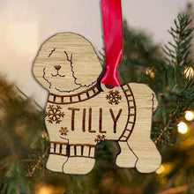 Load image into Gallery viewer, Personalised Bichon Frise Bauble Jumper Dog Bauble - Oak Veneer Wood - Add any name