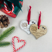 Load image into Gallery viewer, Personalised First Christmas in New Home Heart Tree Decoration - Sustainable Oak Wooden Bauble