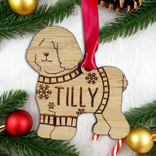 Load image into Gallery viewer, Personalised Bichon Frise Bauble Jumper Dog Bauble - Oak Veneer Wood - Add any name