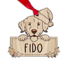 Load image into Gallery viewer, Personalised Golden Retriever Dog Bauble - Peeking Dog - Oak Veneer Wood - Add your own name!