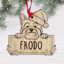 Load image into Gallery viewer, Personalised Yorkshire Terrier Dog Bauble - Peeking Dog - Oak Veneer Wood - Add your own name!