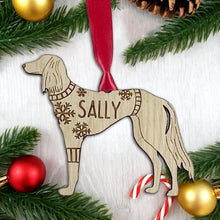 Load image into Gallery viewer, Personalised Saluki Bauble Jumper Dog Bauble - Oak Veneer Wood - Add any name