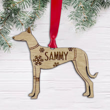 Load image into Gallery viewer, Personalised Podenco Bauble Jumper Dog Bauble - Oak Veneer Wood - Add any name