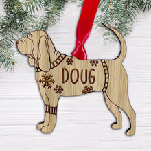 Load image into Gallery viewer, Personalised Blood Hound Bauble Jumper Dog Bauble - Oak Veneer Wood - Add any name