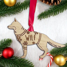 Load image into Gallery viewer, Personalised German Shepherd Bauble Jumper Dog Bauble - Oak Veneer Wood - Add any name