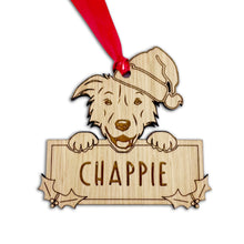Load image into Gallery viewer, Personalised Border Collie Dog Bauble - Peeking Dog - Oak Veneer Wood - Add your own name!