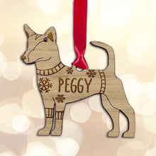 Load image into Gallery viewer, Personalised Portuguese Podengo Bauble Jumper Dog Bauble - Oak Veneer Wood - Add any name