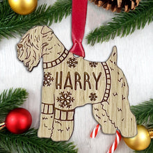 Load image into Gallery viewer, Personalised Soft Coated Wheaten Terrier Bauble Jumper Dog Bauble - Oak Veneer Wood - Add any name