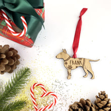 Load image into Gallery viewer, Personalised English Bull Terrier Bauble Jumper Dog Bauble - Oak Veneer Wood - Add any name