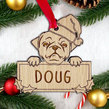 Load image into Gallery viewer, Personalised Pug Dog Bauble - Peeking Dog - Oak Veneer Wood - Add your own name!