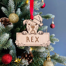Load image into Gallery viewer, Personalised Boxer Dog Bauble - Peeking Dog - Oak Veneer Wood - Add your own name!