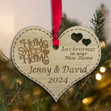 Load image into Gallery viewer, Personalised First Christmas in New Home Heart Tree Decoration - Sustainable Oak Wooden Bauble