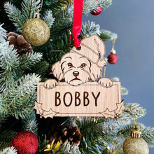 Load image into Gallery viewer, Personalised Bichon Frise Dog Bauble - Peeking Dog - Oak Veneer Wood - Add your own name!