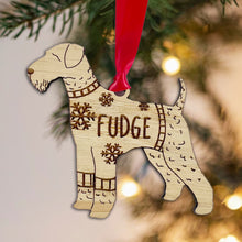 Load image into Gallery viewer, Personalised Airdale Terrier Bauble Jumper Dog Bauble - Oak Veneer Wood - Add any name