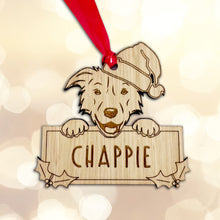 Load image into Gallery viewer, Personalised Border Collie Dog Bauble - Peeking Dog - Oak Veneer Wood - Add your own name!