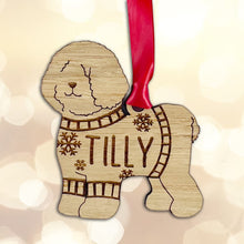 Load image into Gallery viewer, Personalised Bichon Frise Bauble Jumper Dog Bauble - Oak Veneer Wood - Add any name