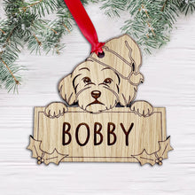 Load image into Gallery viewer, Personalised Bichon Frise Dog Bauble - Peeking Dog - Oak Veneer Wood - Add your own name!