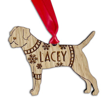 Load image into Gallery viewer, Personalised Border Terrier Bauble Jumper Dog Bauble - Oak Veneer Wood - Add any name
