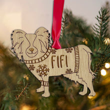 Load image into Gallery viewer, Personalised Papillion Bauble Jumper Dog Bauble - Oak Veneer Wood - Add any name