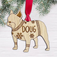 Load image into Gallery viewer, Personalised French Bulldog Bauble Jumper Dog Bauble - Oak Veneer Wood - Add any name