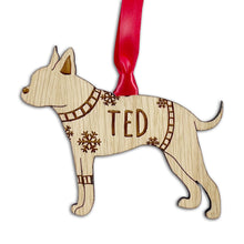 Load image into Gallery viewer, Personalised Boston Terrier Bauble Jumper Dog Bauble - Oak Veneer Wood - Add any name