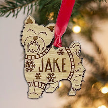 Load image into Gallery viewer, Personalised Yorkshire Terrier Bauble Jumper Dog Bauble - Oak Veneer Wood - Add any name