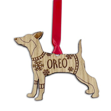 Load image into Gallery viewer, Personalised Miniature Pinscher Bauble Jumper Dog Bauble - Oak Veneer Wood - Add any name