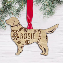 Load image into Gallery viewer, Personalised Golden Retriever Bauble Jumper Dog Bauble - Oak Veneer Wood - Add any name