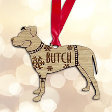 Load image into Gallery viewer, Personalised Pitfall Bauble Jumper Dog Bauble - Oak Veneer Wood - Add any name