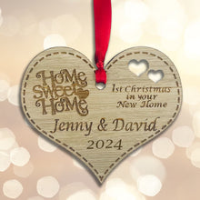 Load image into Gallery viewer, Personalised First Christmas in New Home Heart Tree Decoration - Sustainable Oak Wooden Bauble