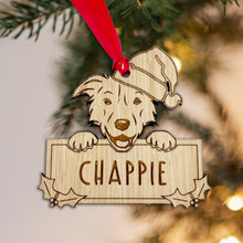 Load image into Gallery viewer, Personalised Border Collie Dog Bauble - Peeking Dog - Oak Veneer Wood - Add your own name!