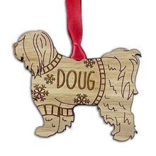 Load image into Gallery viewer, Personalised Tibetan Terrier Bauble Jumper Dog Bauble - Oak Veneer Wood - Add any name