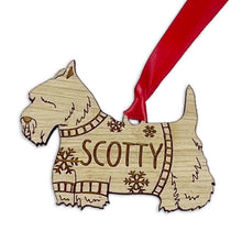 Load image into Gallery viewer, Personalised Scottie Bauble Jumper Dog Bauble - Oak Veneer Wood - Add any name