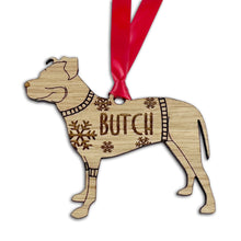 Load image into Gallery viewer, Personalised Pitfall Bauble Jumper Dog Bauble - Oak Veneer Wood - Add any name
