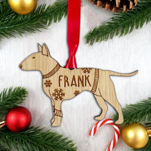 Load image into Gallery viewer, Personalised English Bull Terrier Bauble Jumper Dog Bauble - Oak Veneer Wood - Add any name
