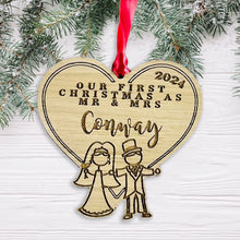 Load image into Gallery viewer, Personalised Mr & Mrs Stick Figure Tree Decoration - Sustainable Oak Wooden Bauble