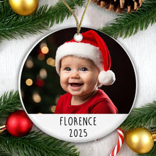 Load image into Gallery viewer, Personalised Christmas Baby Ceramic Photo Bauble
