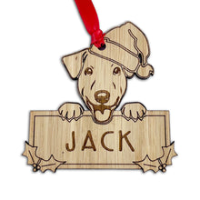 Load image into Gallery viewer, Personalised Jack Russell Dog Bauble - Peeking Dog - Oak Veneer Wood - Add your own name!
