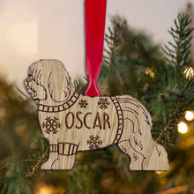 Load image into Gallery viewer, Personalised Old English Sheepdog Bauble Jumper Dog Bauble - Oak Veneer Wood - Add any name