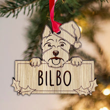 Load image into Gallery viewer, Personalised Westie Dog Bauble - Peeking Dog - Oak Veneer Wood - Add your own name!