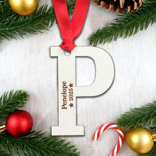 Load image into Gallery viewer, Personalised Wooden Letter Christmas Name and Year Initial Bauble