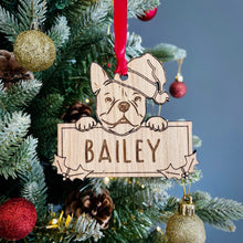 Load image into Gallery viewer, Personalised French Bulldog Bauble - Peeking Dog - Oak Veneer Wood - Add your own name!