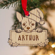 Load image into Gallery viewer, Personalised Chihuahua Dog Bauble - Peeking Dog - Oak Veneer Wood - Add your own name!