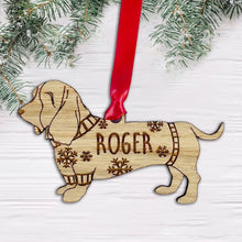 Load image into Gallery viewer, Personalised Basset Hound Bauble Jumper Dog Bauble - Oak Veneer Wood - Add any name